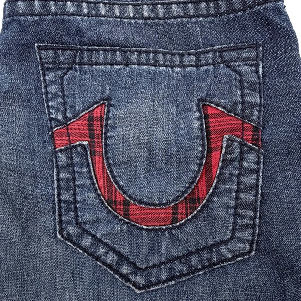 True Religion Slim Jeans Mens 34 Blue‎ Exc Faded Whiskered Red Plaid Straight